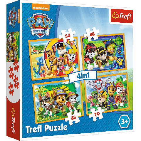 Set puzzle 4 in 1 Trefl Paw Patrol, Mereu punctual, 1x35 piese, 1x48 piese, 1x54 piese, 1x70 piese