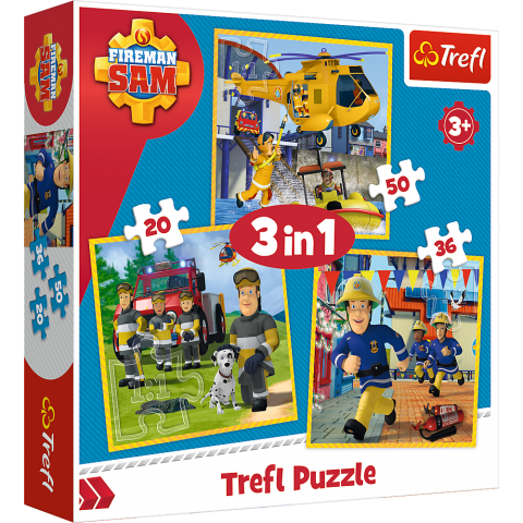 Set puzzle 3 in 1 Trefl Fireman Sam, Pompierul Sam in actiune, 1x20 piese, 1x36 piese, 1x50 piese