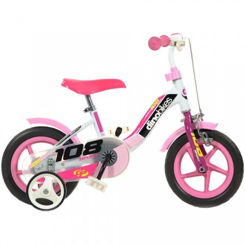 Bicicleta copii Dino Bikes 10" 108 Sport alb si roz cu frana